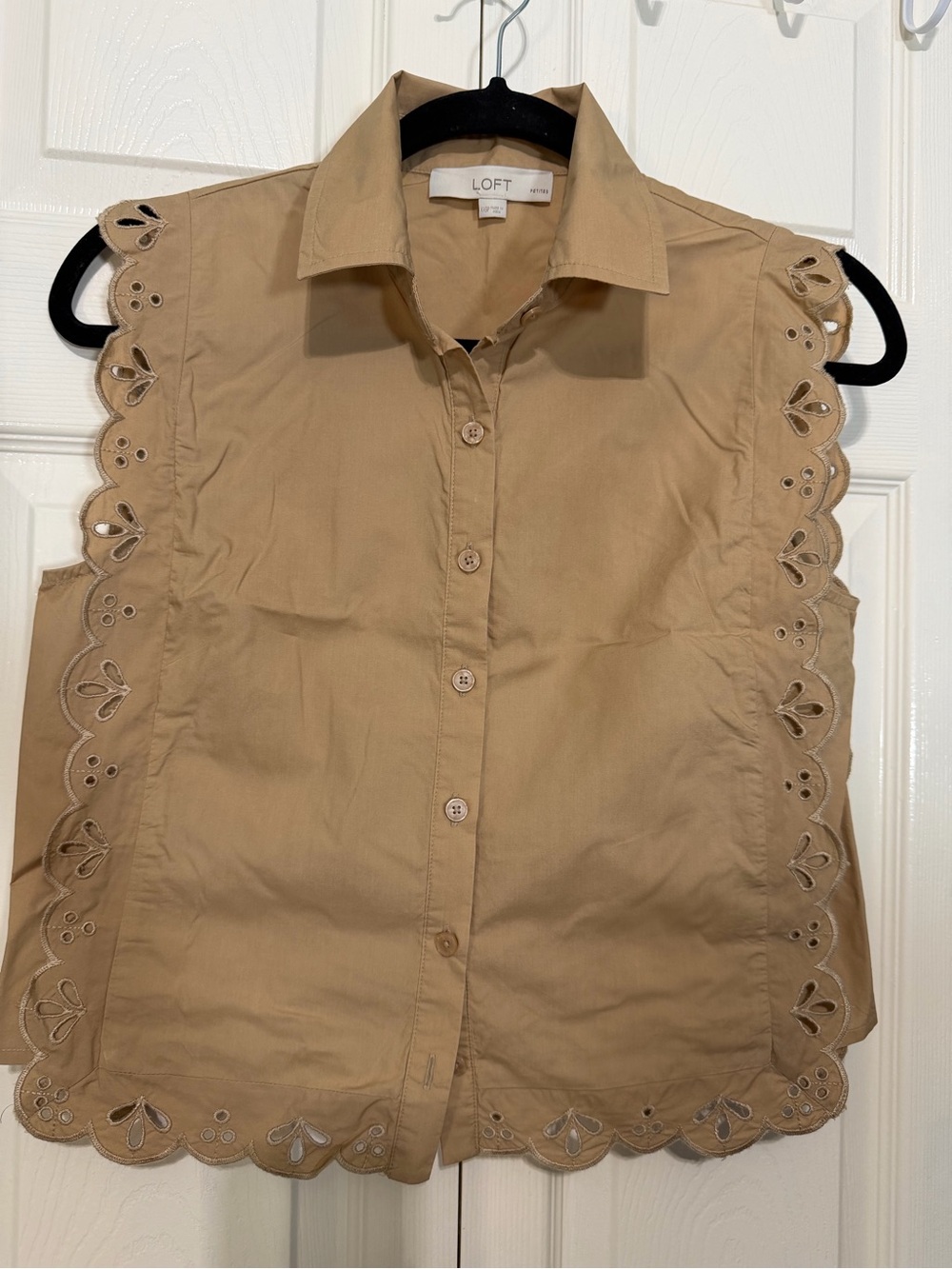 LOFT Sleeveless Button-Down Top in Tan with Scallop Eyelet Trim